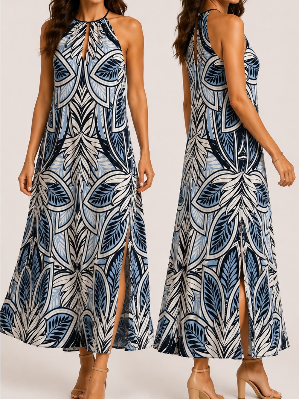 London Times Halter Maxi Dress Blue Floral Print Side Slit Size 12 - Picture 17 of 17